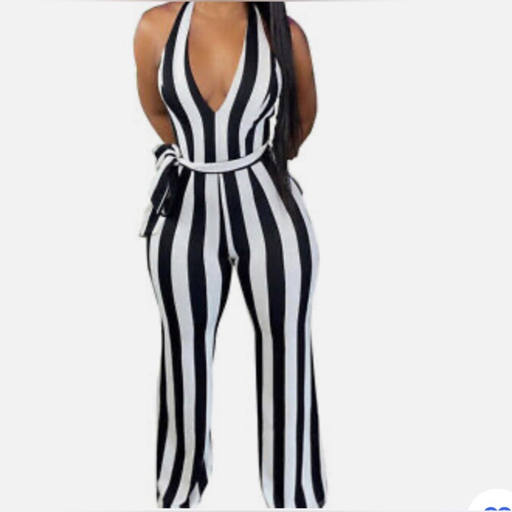 Stylish New Women Halter Backless Bandage Striped Print Casual Jumpsuit Romper